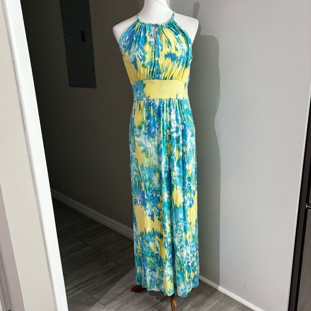 New Directions Blue and Yellow Halter Maxi Sundress